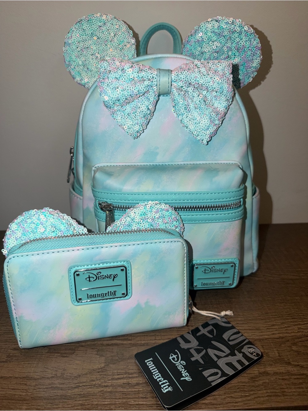 Loungefly Tie Dye Sequin Minnie Ear Backpack and Wallet Set